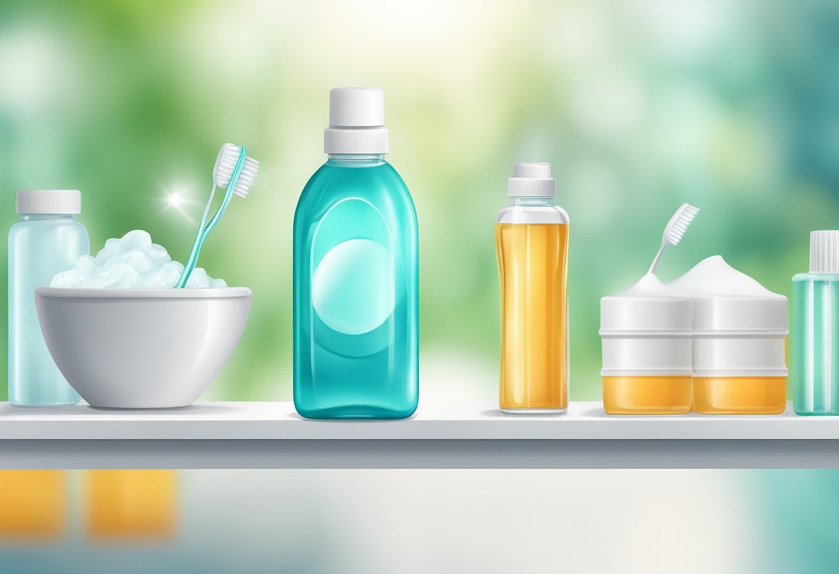 A bottle of Closys periodontal disease mouthwash replacing chlorhexidine. A dental office background with a toothbrush and floss