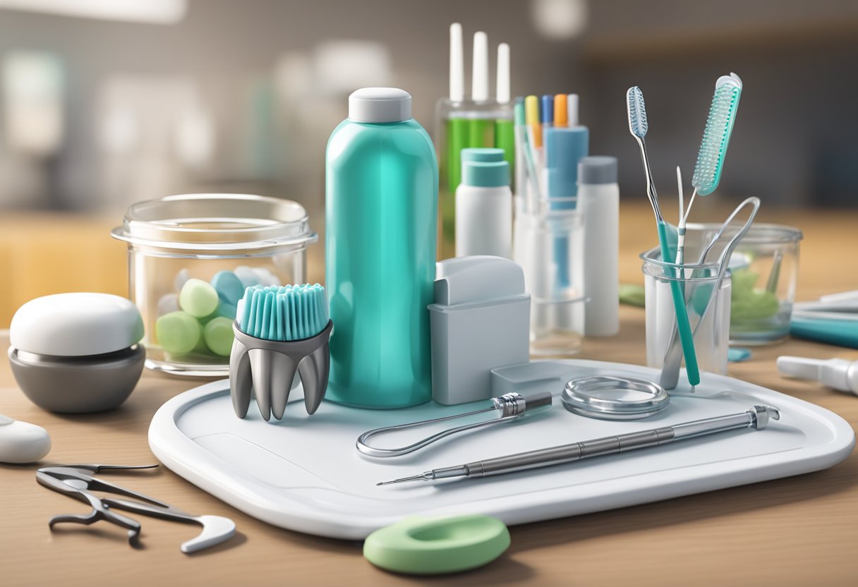 A bottle of Closys sits on a dental tray, with periodontal instruments and a chart nearby. The background shows a dental office setting