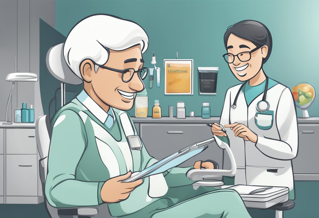 A dental professional discussing Closys as an alternative for periodontal disease, with product displayed and patient education materials nearby