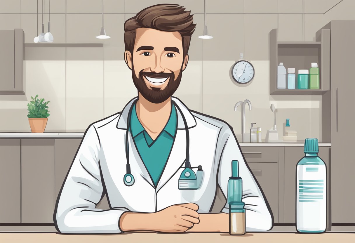 A dental professional holds a bottle of Closys, emphasizing its use for periodontal disease over chlorhexidine