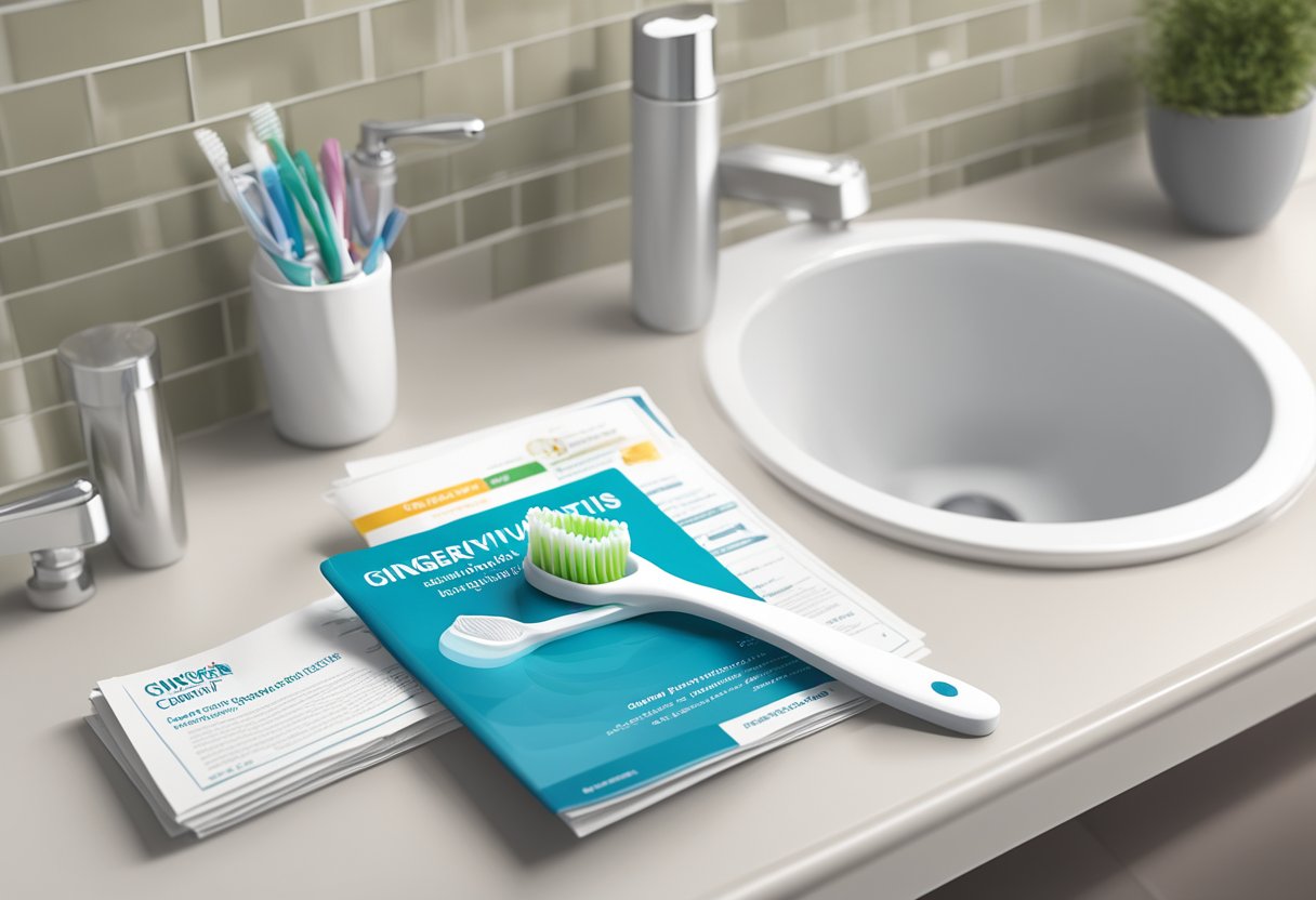 A toothbrush and toothpaste on a bathroom counter, with a pamphlet titled "Understanding Gingivitis: How to Cure Gingivitis Without Seeing the Dentist" nearby