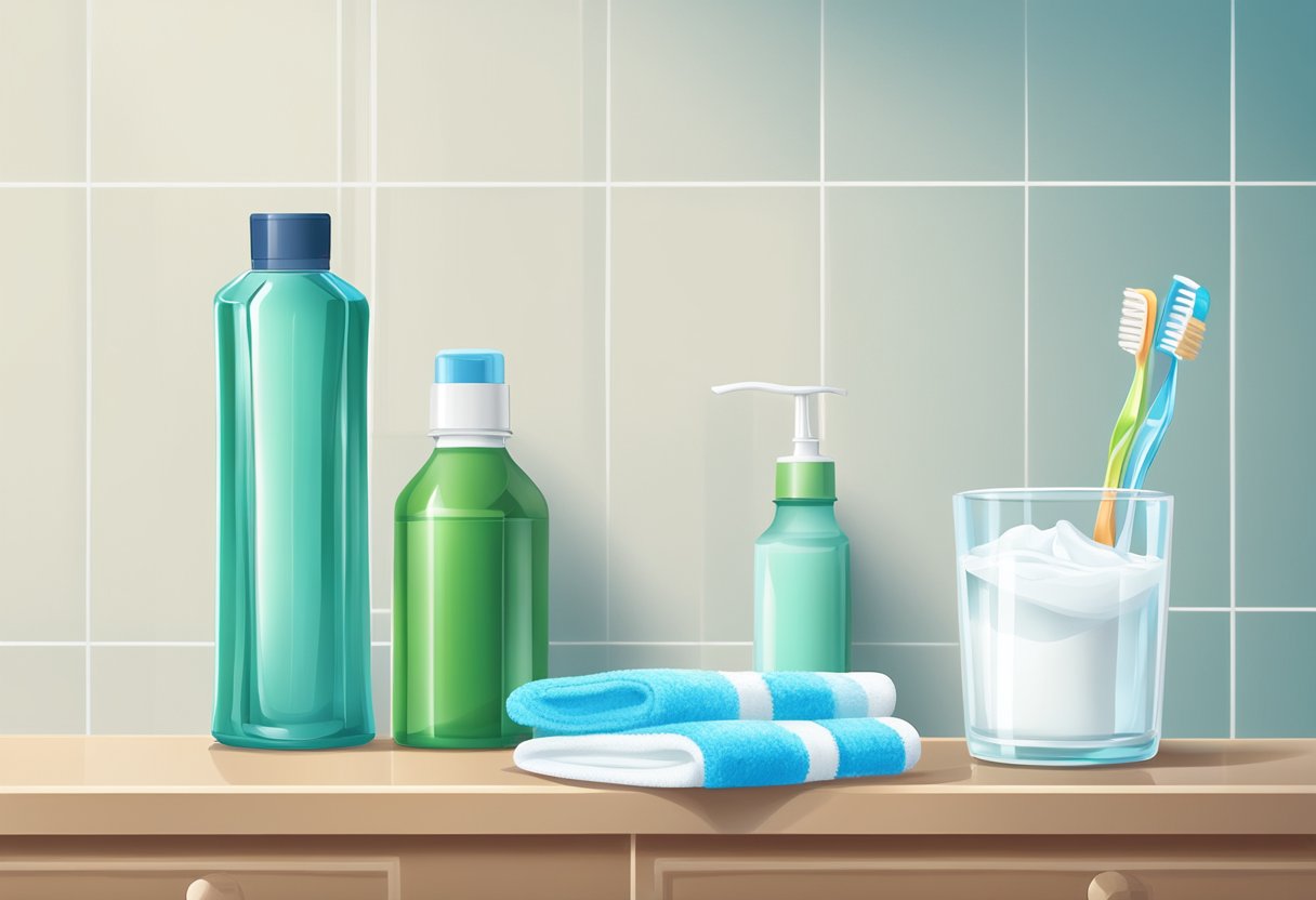 A toothbrush and toothpaste next to a glass of water and floss on a bathroom counter. A bottle of mouthwash and a healthy diet poster on the wall