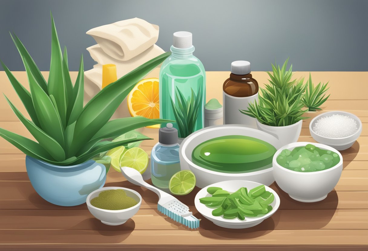 A table with natural remedies like aloe vera, tea tree oil, and salt water. A toothbrush, floss, and healthy foods are nearby