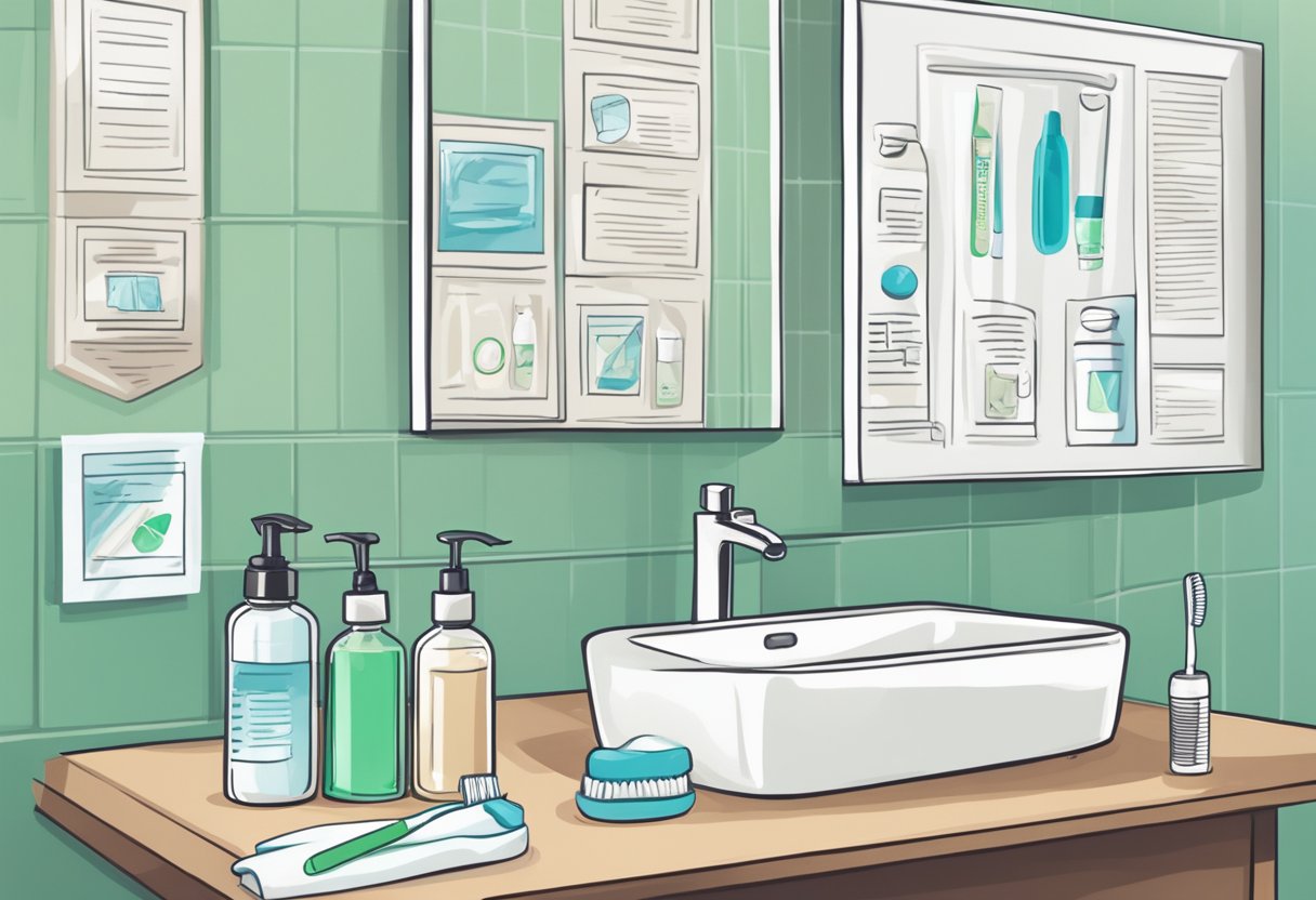 A toothbrush and toothpaste on a bathroom counter, with a floss and mouthwash nearby. A chart showing steps to cure gingivitis hangs on the wall