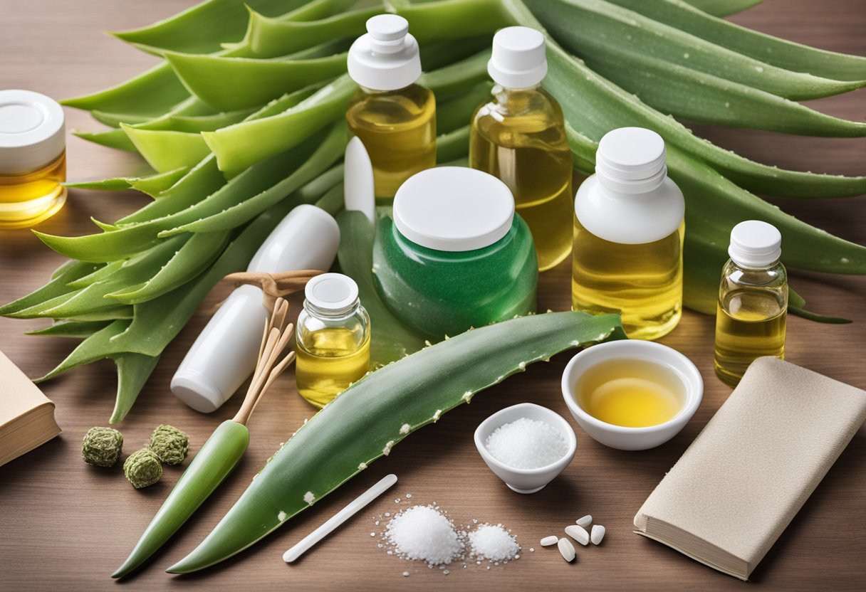A variety of natural remedies arranged on a table, including aloe vera, tea tree oil, and salt water rinse. A book on gingivitis treatment is open nearby
