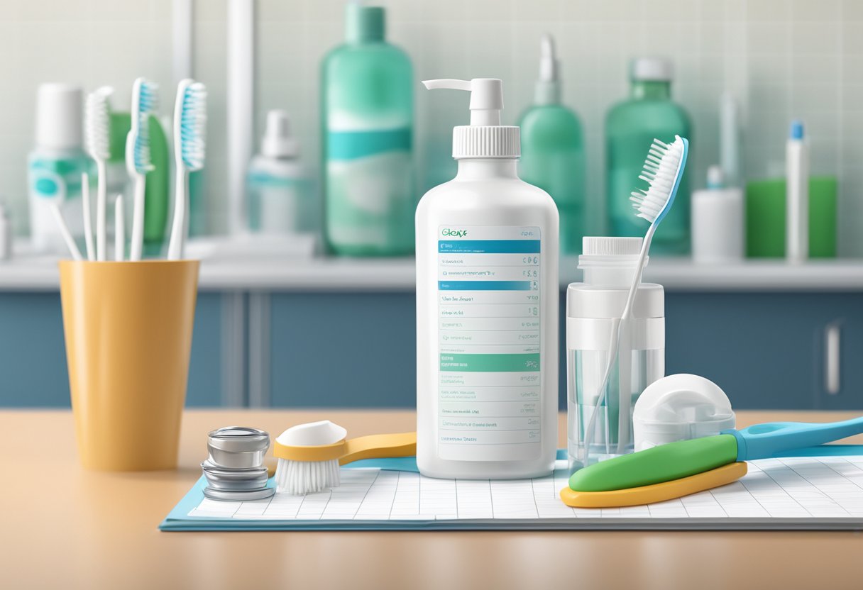 A bottle of Closys sits next to a toothbrush and floss, with a dental chart in the background