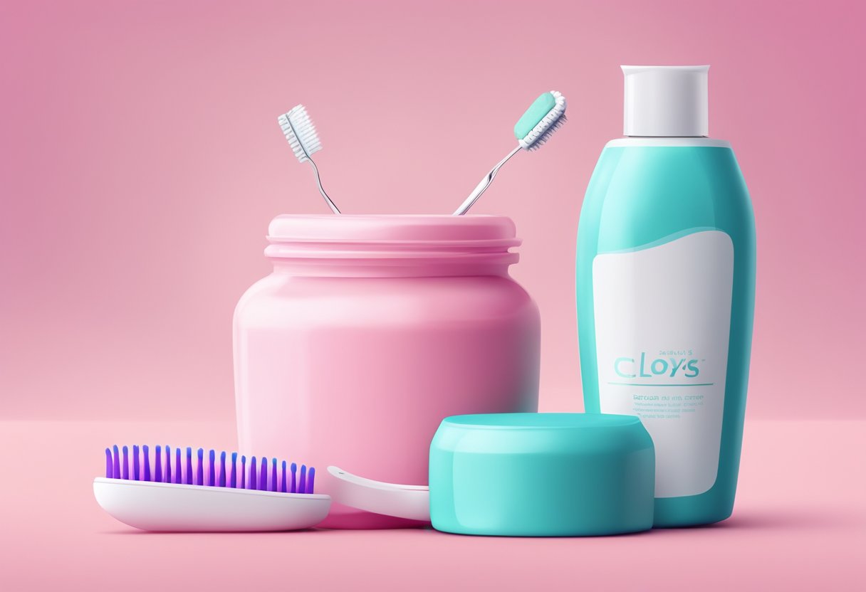 A bottle of Closys sits next to a toothbrush and dental floss, with a background of healthy, pink gums and white, clean teeth