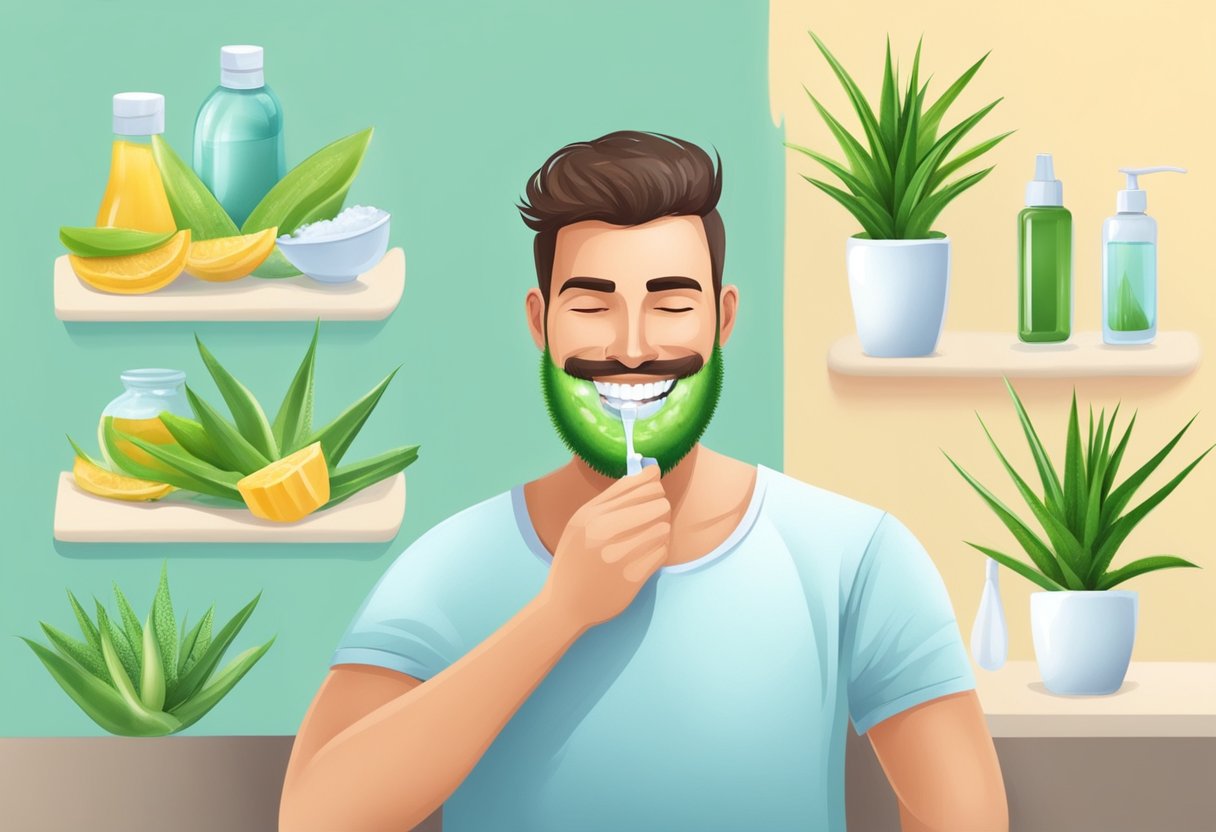A person brushing teeth with natural remedies, using aloe vera and salt water rinse, and maintaining a healthy diet and regular dental hygiene